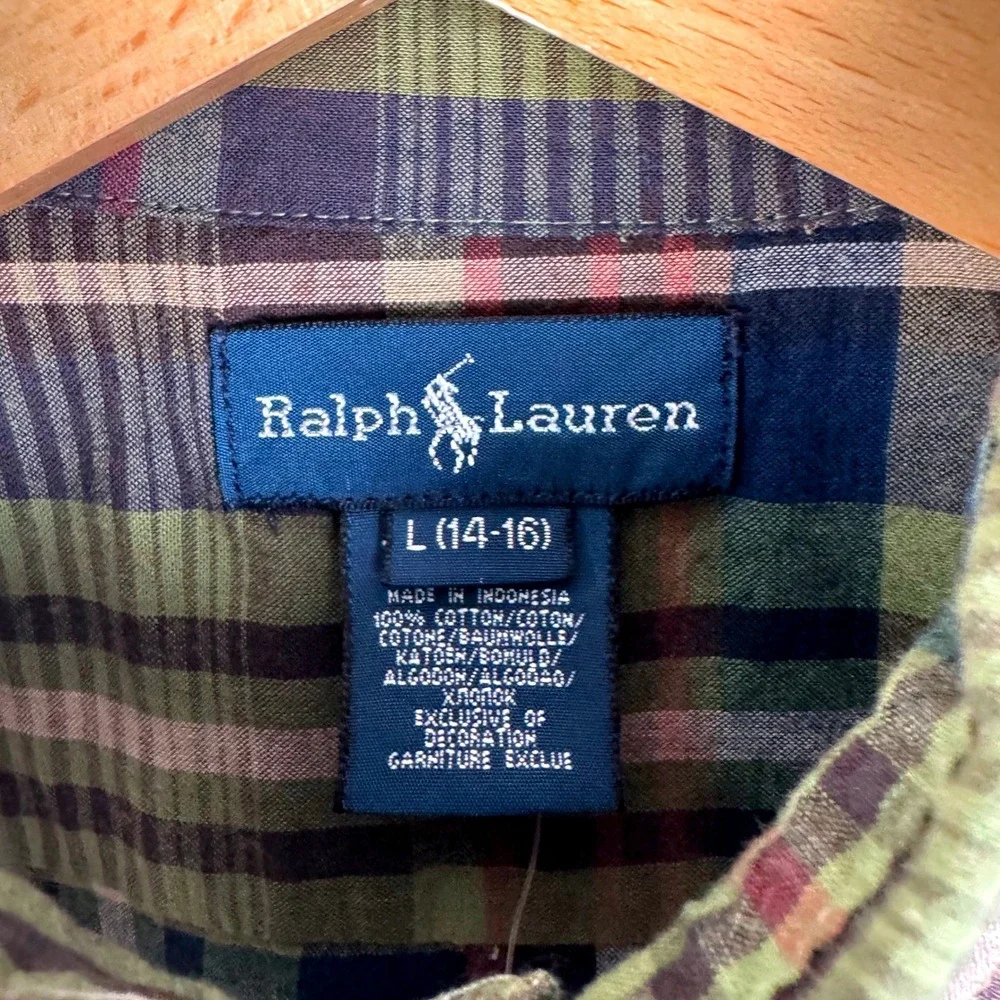 Ralph Lauren Boys Plaid Button Down Shirt Green Navy Red L‎ 14-16 Cotton NEW